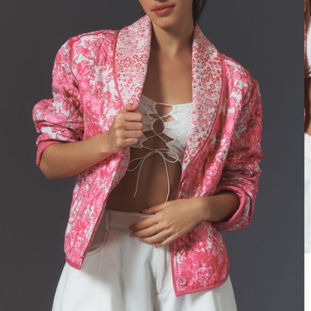 Anthropologie Conditions Apply Pink Floral Printed Quilted Jacket